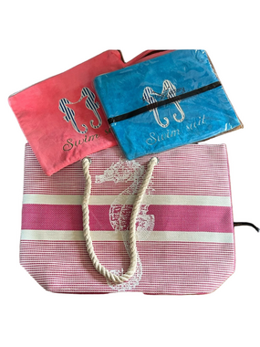 Seahorse Summer Beach Tote Bag with 2 Bikini Swim Wet Bags